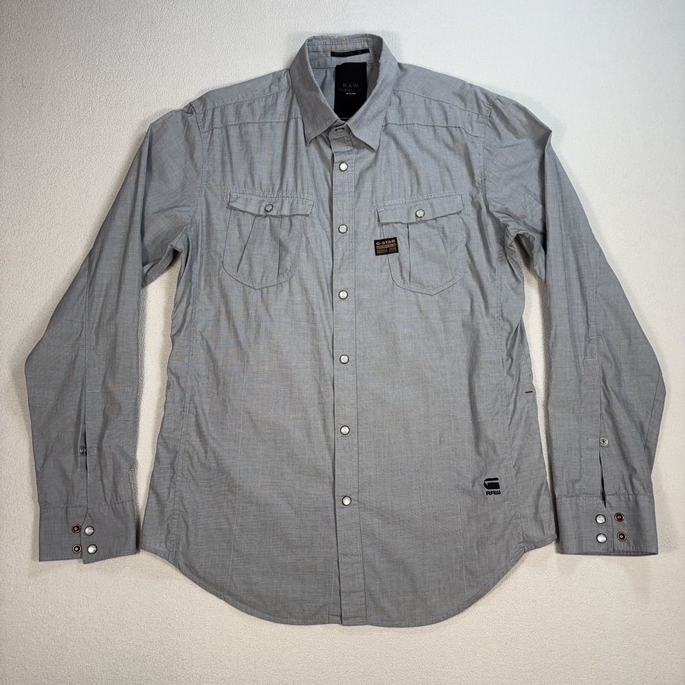 G-Star‎ Raw Western Shirt Men's L Gray Flap Pocket Pearl Snap Stretch Button Up